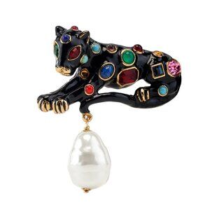 KENNETH JAY LANE, LEOPARD PIN WITH MULTI COLOR CRYSTALS, MULTI COLOR CABOCHON...